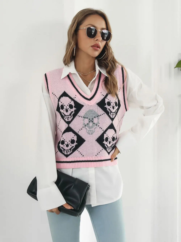 Skull argyle knit sweater vest with striped V-neck