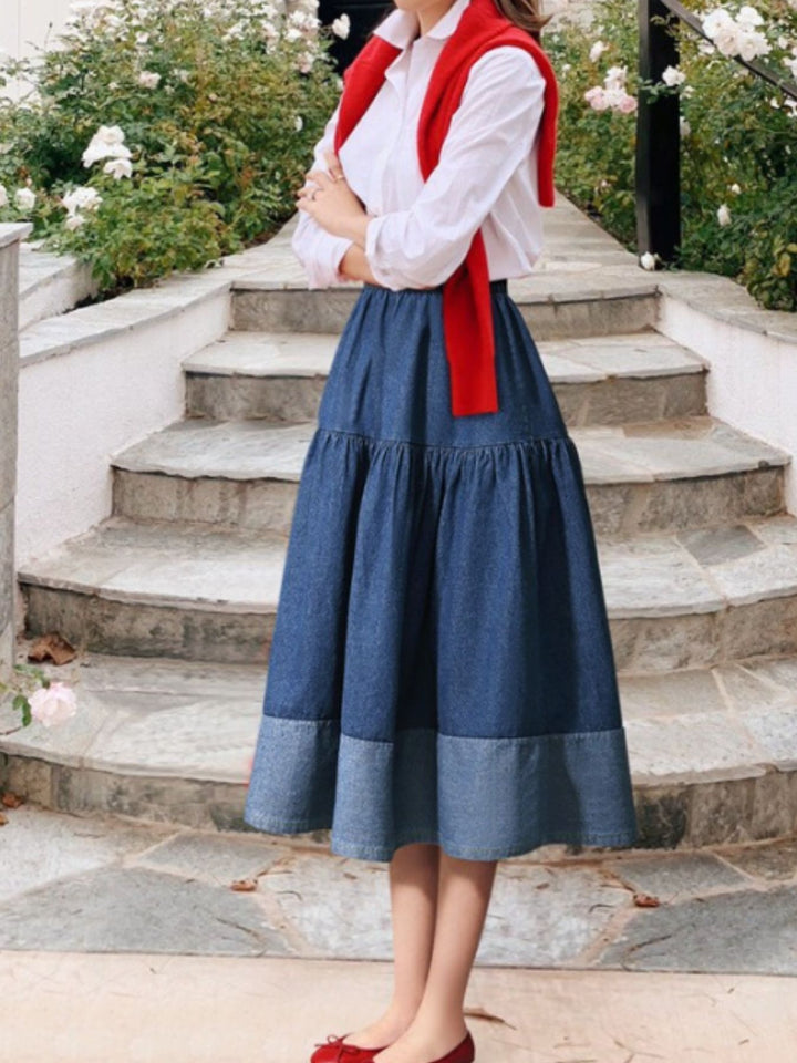 Tiered chambray denim midi skirt with elastic waist