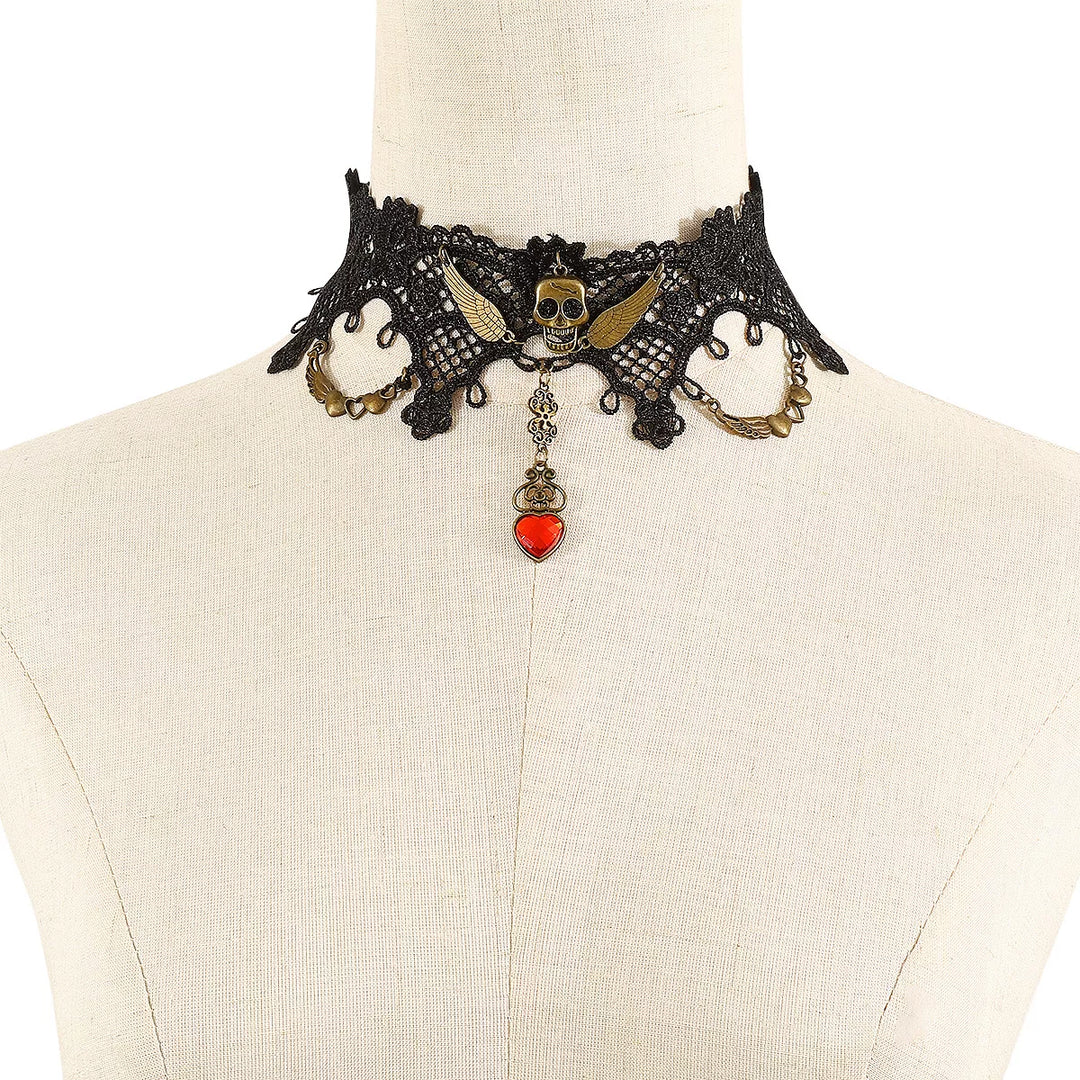 Lace skull choker necklace and drop earrings jewelry set