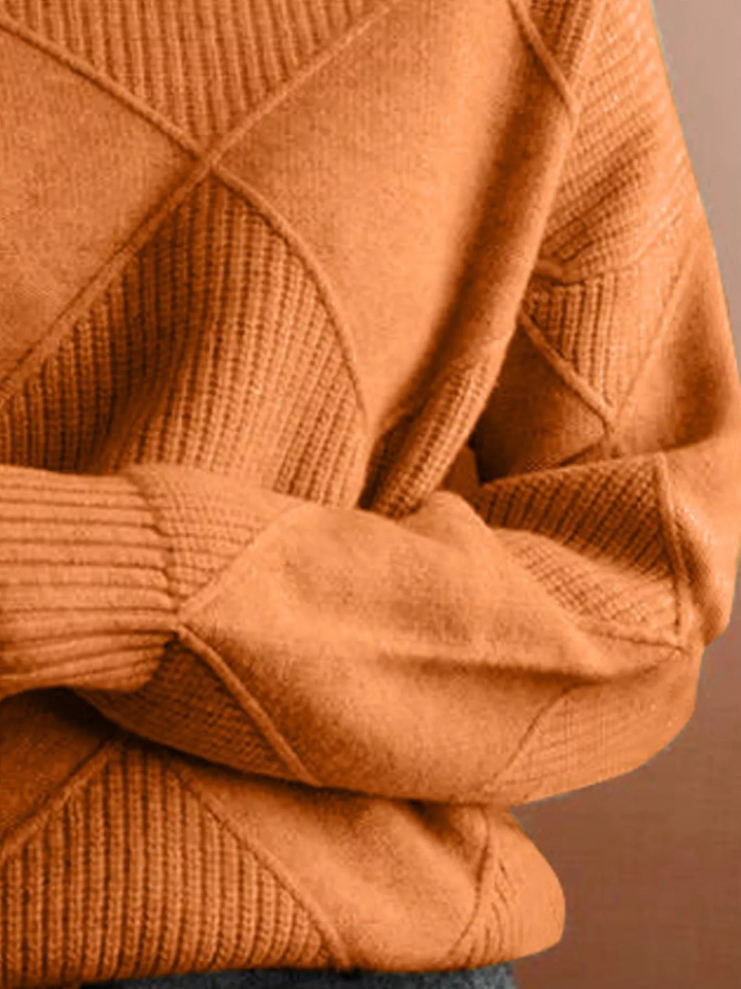 Textured argyle knit turtleneck sweater with ribbed cuffs