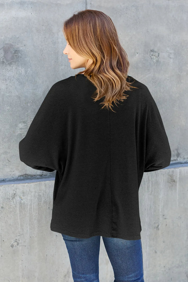 Relaxed drop-shoulder round neck long sleeve top