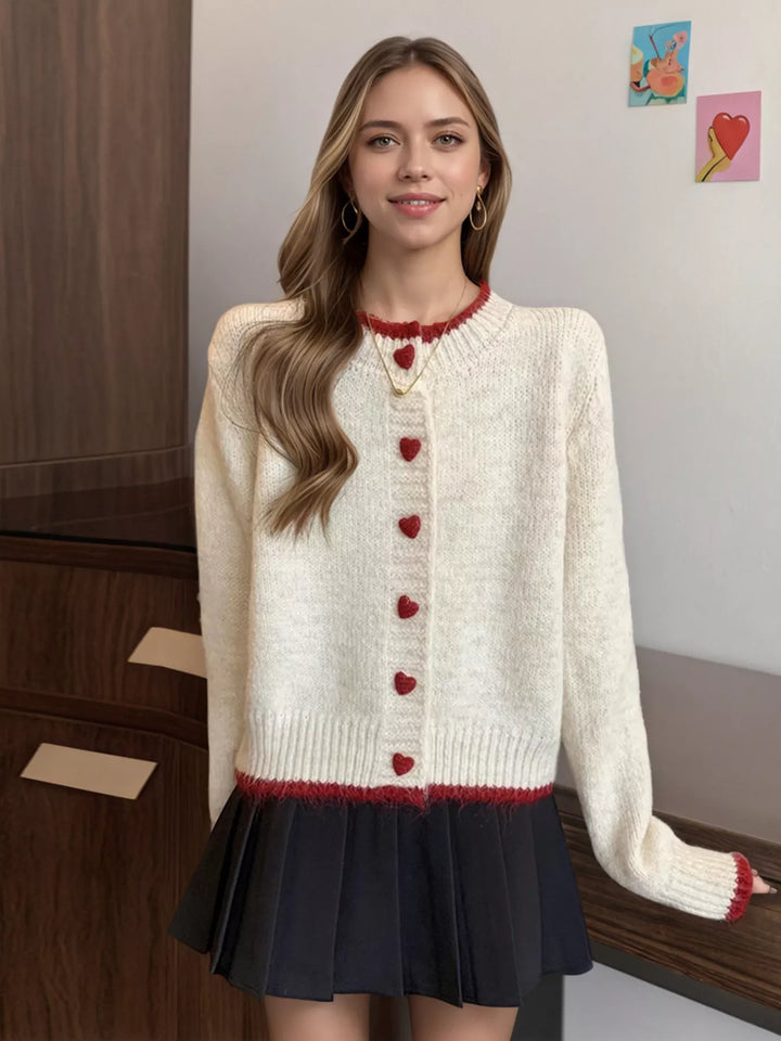 Heart button knit cardigan with contrast trim