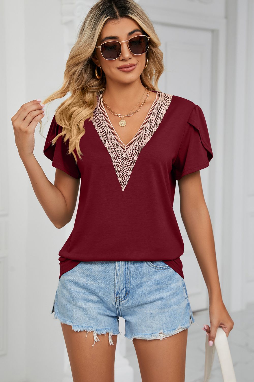 Wine Contrast crochet trim petal sleeve V-neck top