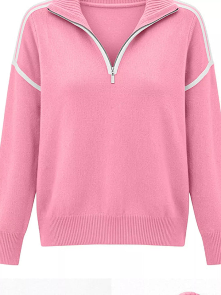 Quarter-zip drop shoulder sweater with contrast stitching