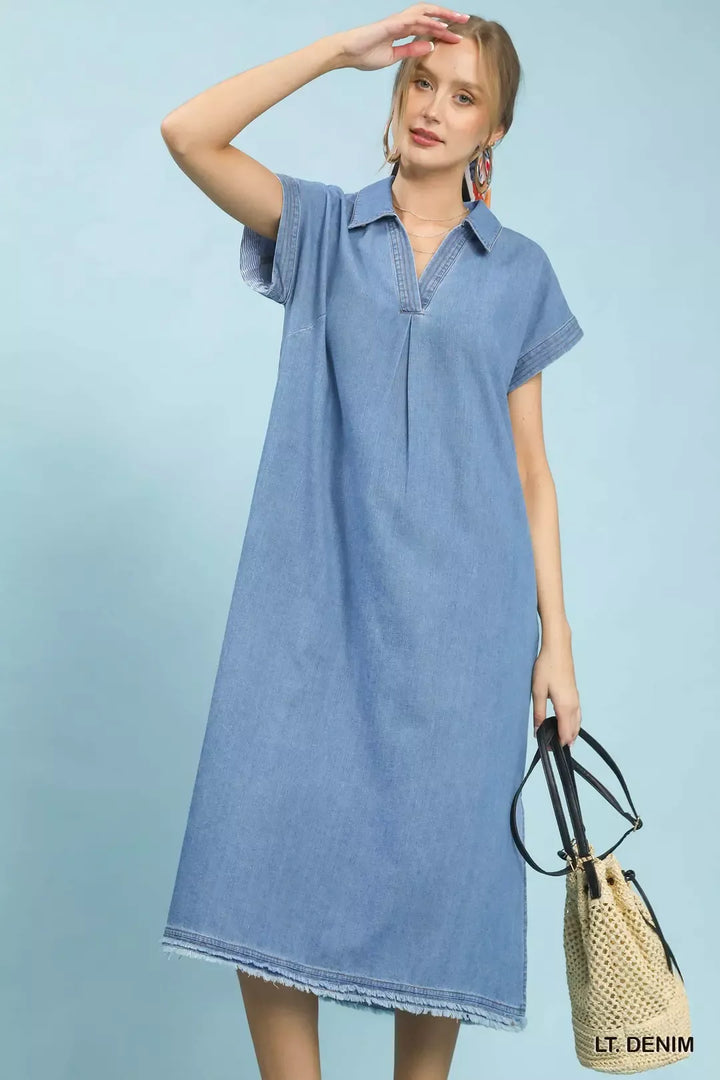 LT. DENIM Stone washed collared denim midi dress with raw hem