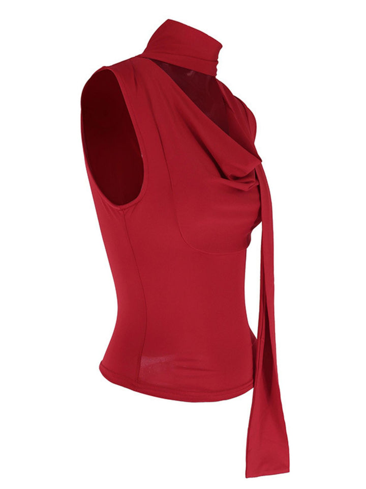 Ruched cowl neck cami with tie choker neckline