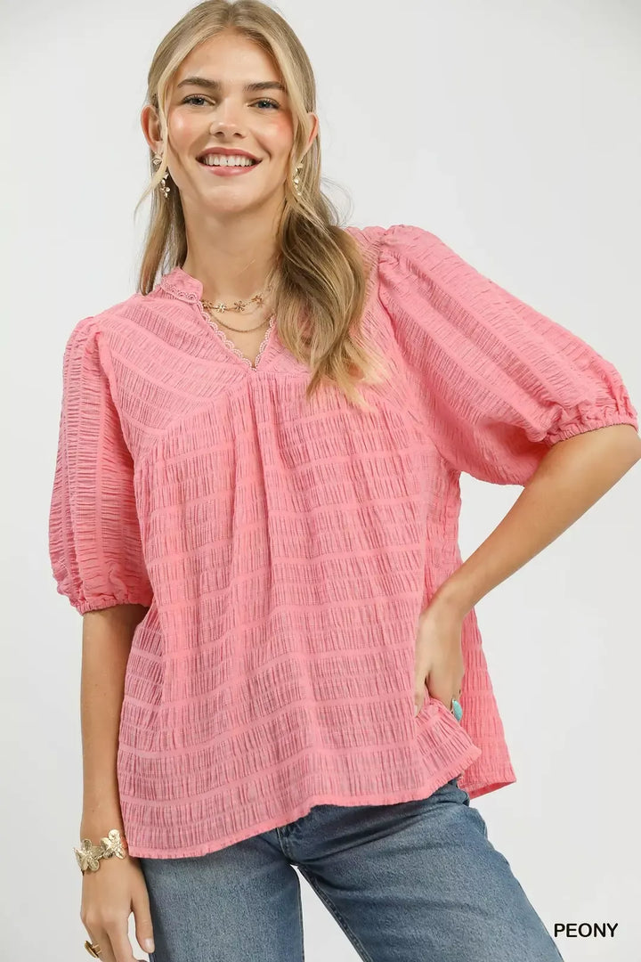 PEONY Textured puff sleeve blouse with lace-trim split neck