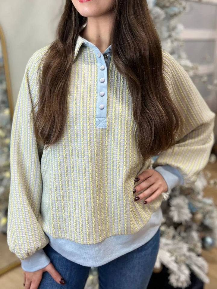 Half-snap collared ribbed knit sweatshirt