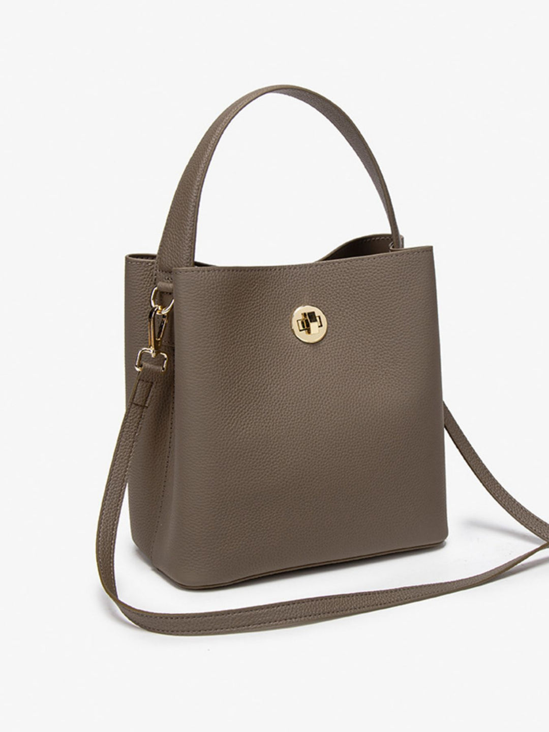 Pebbled faux leather bucket crossbody bag with twist lock
