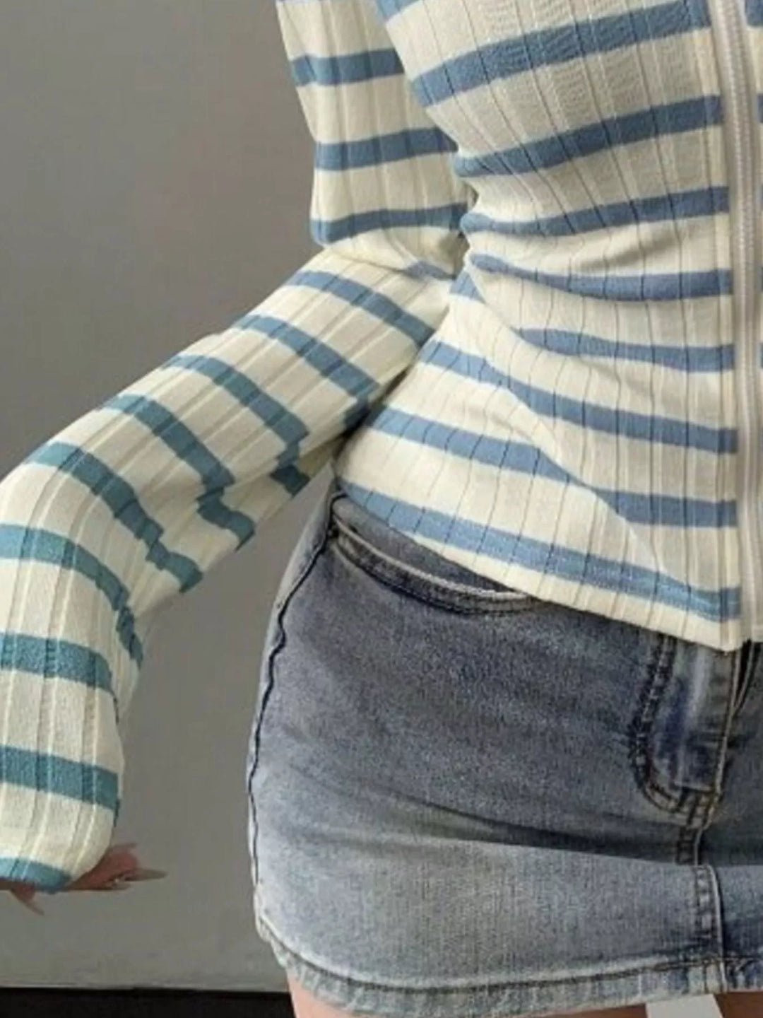 Striped ribbed zip-up top with foldover collar