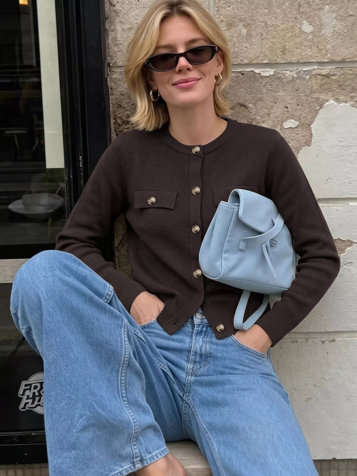 Gold-button knit cardigan with flap chest pockets