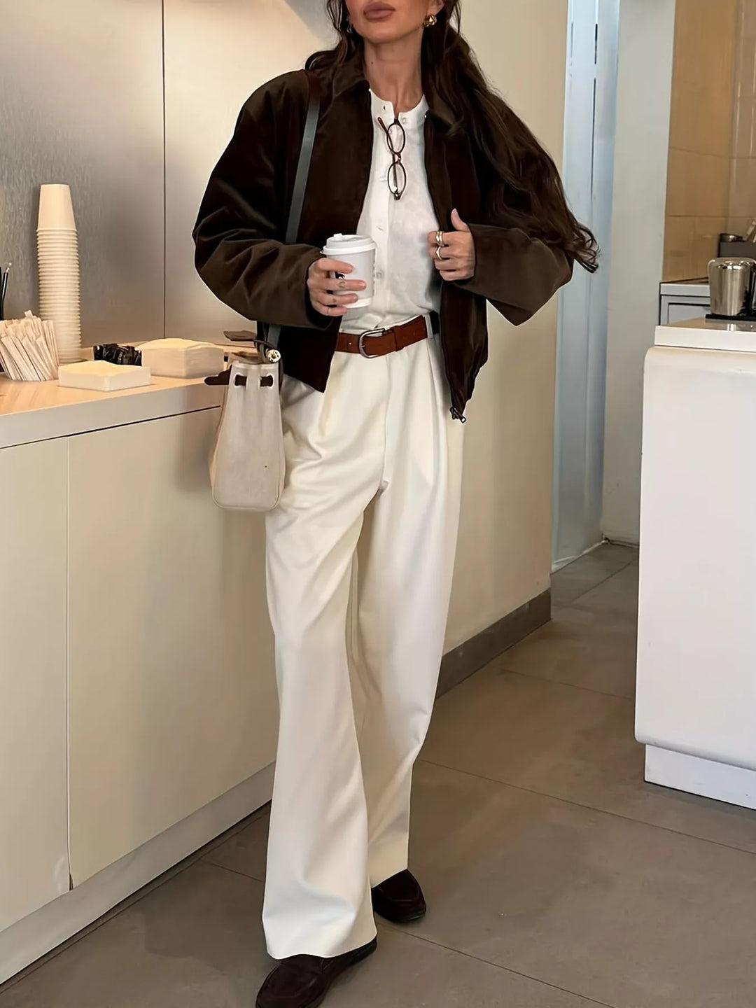 Relaxed corduroy zip-up jacket with spread collar
