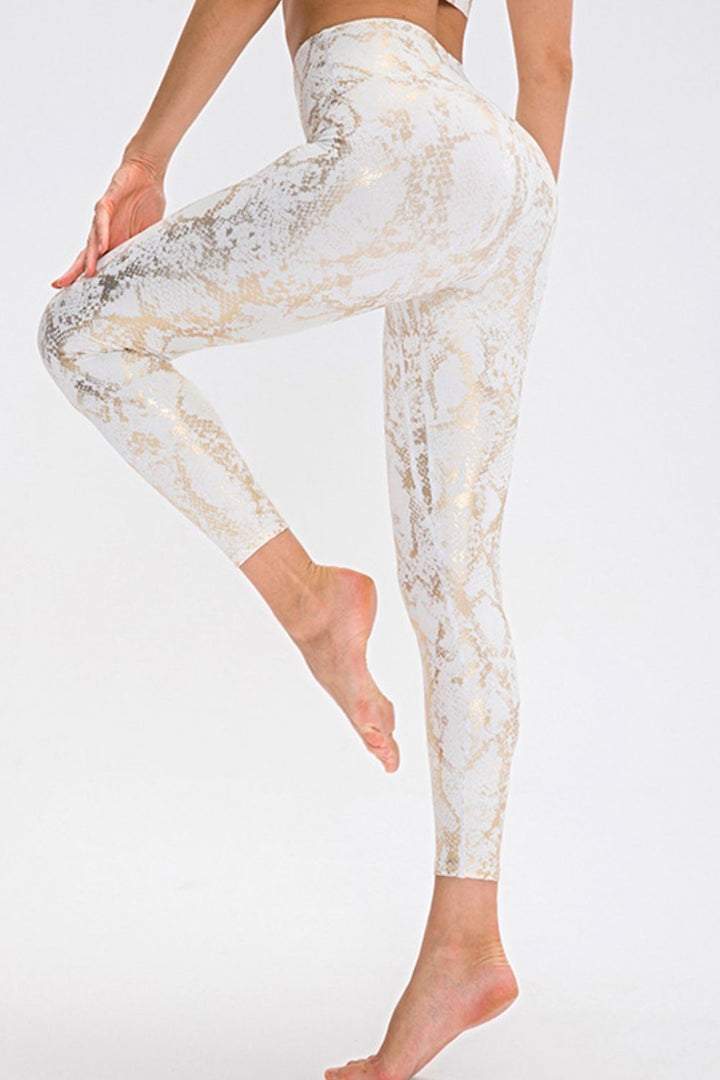 Metallic snakeskin print wide waistband workout leggings