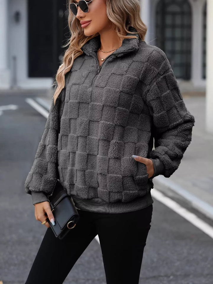 Checkered sherpa fleece quarter zip pullover with pockets
