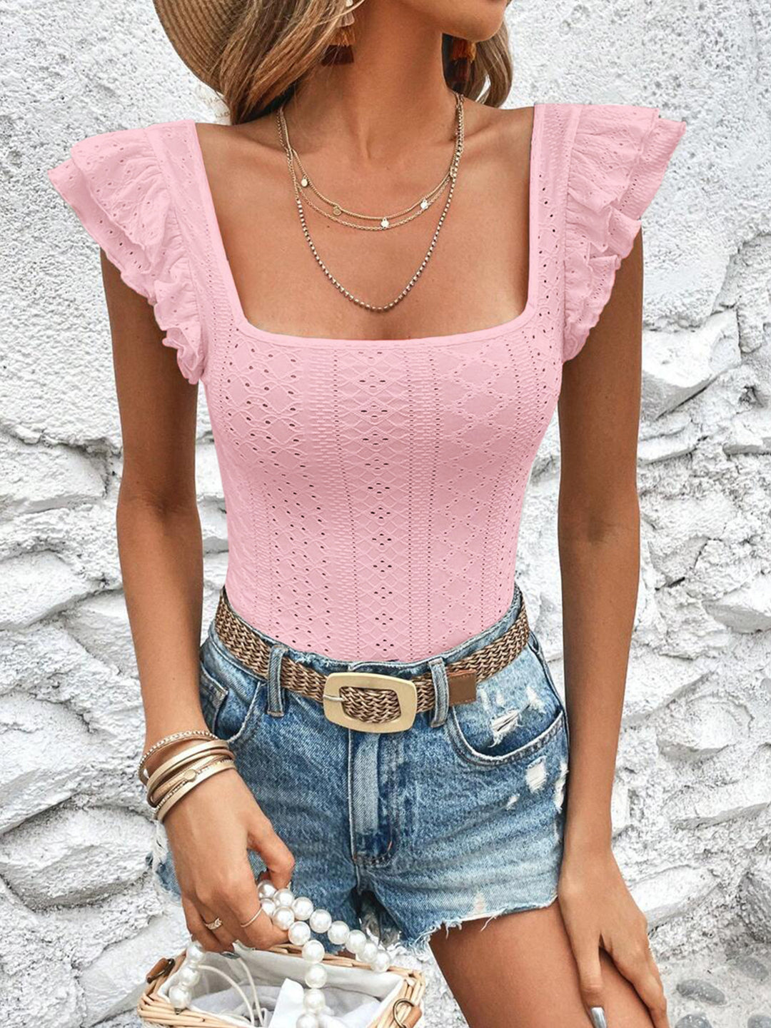 Square neck eyelet top with ruffle cap sleeves