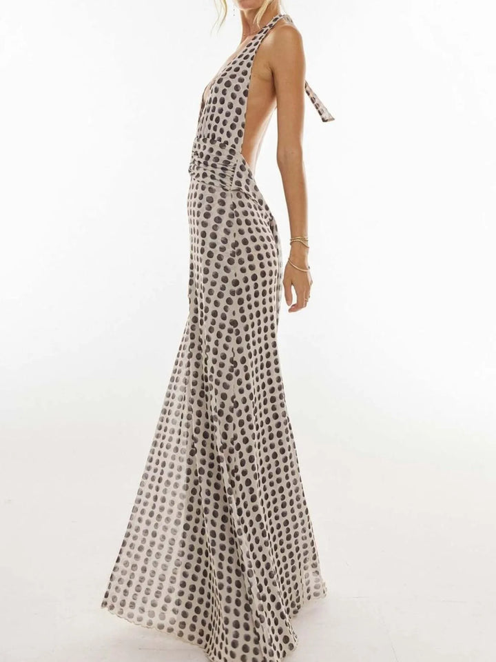 Backless floral halter deep V maxi dress with ruched waist