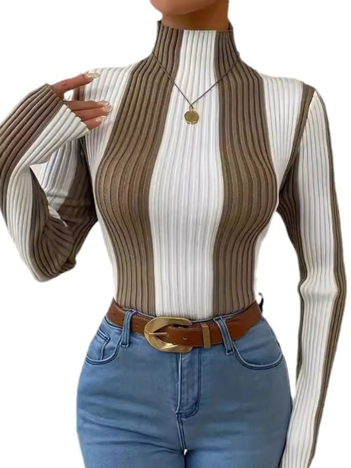 Color block ribbed knit turtleneck top with long sleeves