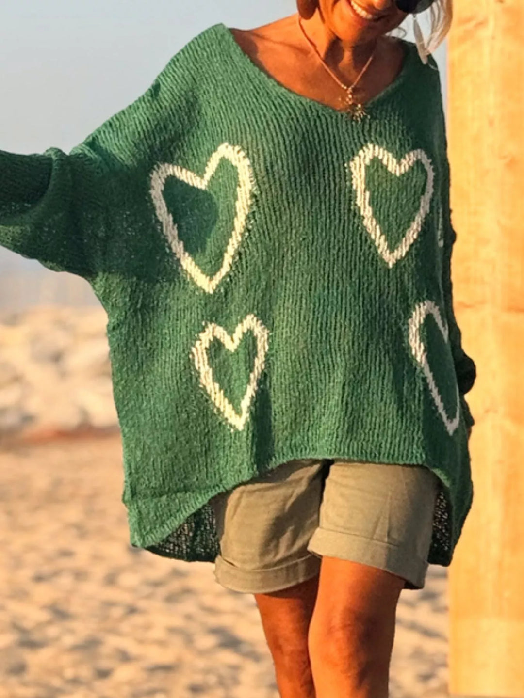 Heart motif V-neck dropped-shoulder knit sweater