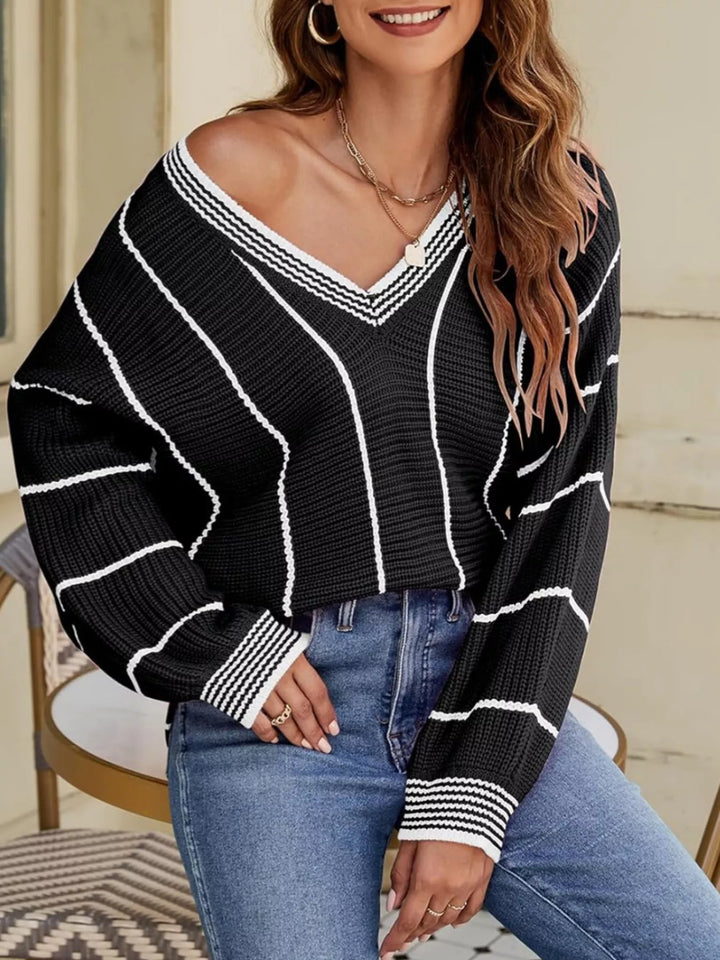 Black Striped V-neck ribbed knit sweater with drop shoulders
