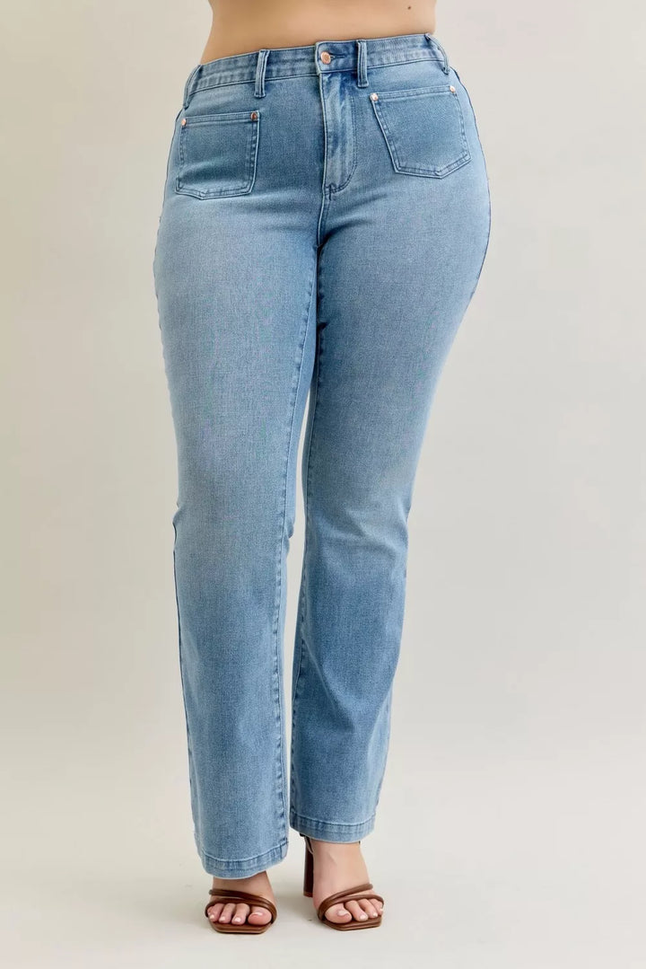 Mid-rise contrast wash bootcut jeans with front patch pockets