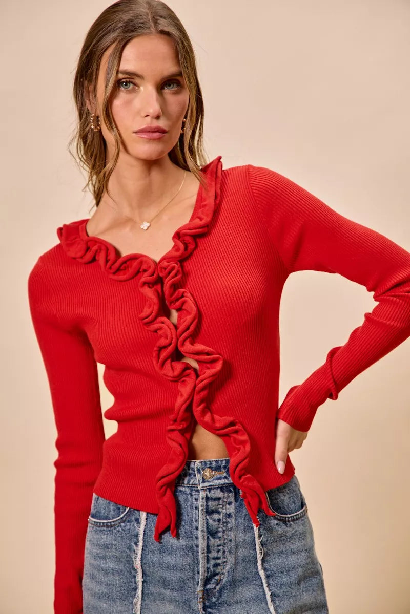 Ribbed knit cardigan with cascade ruffle trim