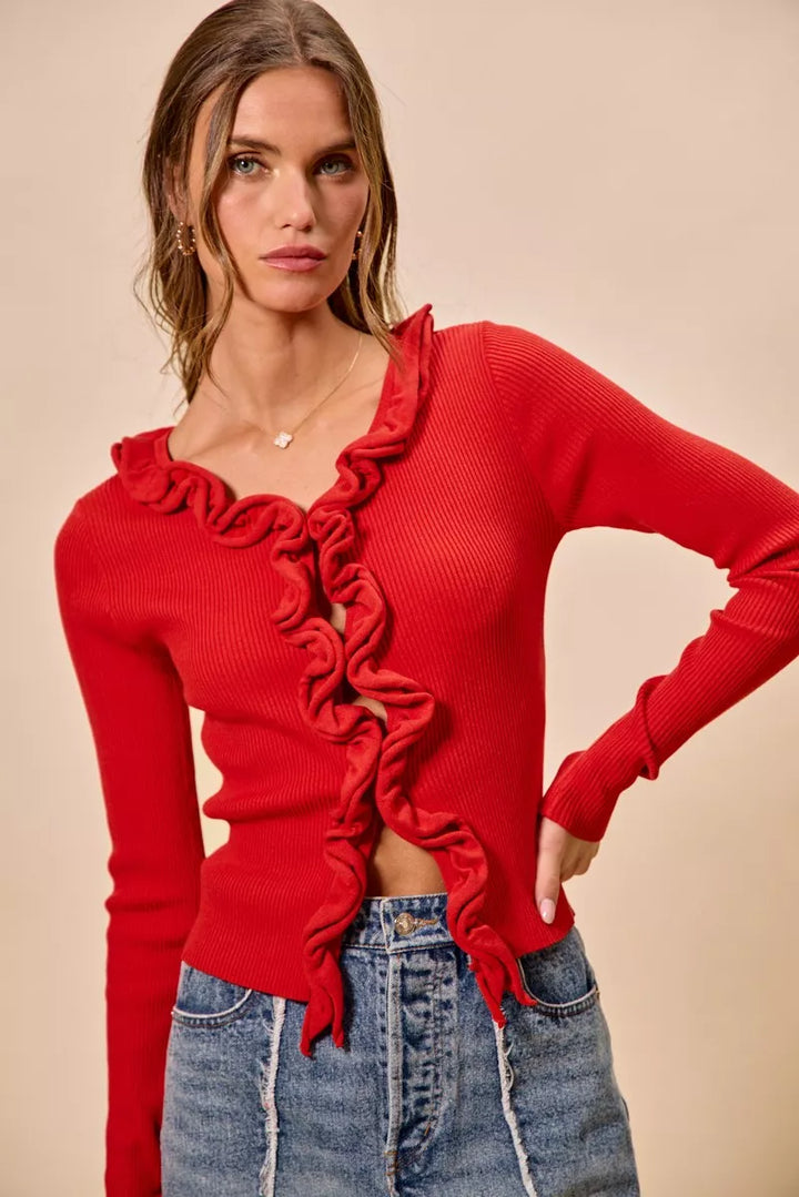 Ribbed knit cardigan with cascade ruffle trim