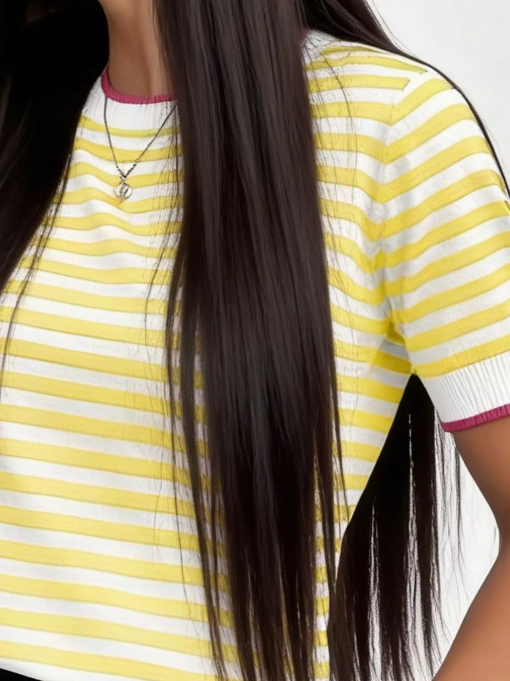 Striped short sleeve knit top with contrast ribbed trim