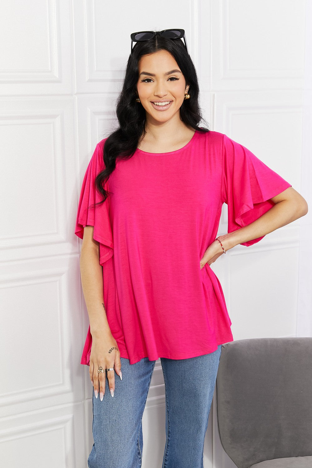 Hot Pink Flutter sleeve round neck flowy knit top