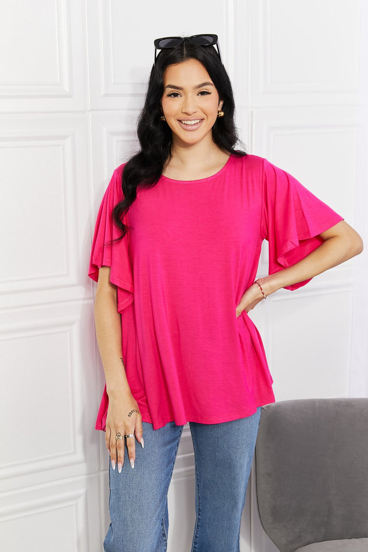 Hot Pink Flutter sleeve round neck flowy knit top