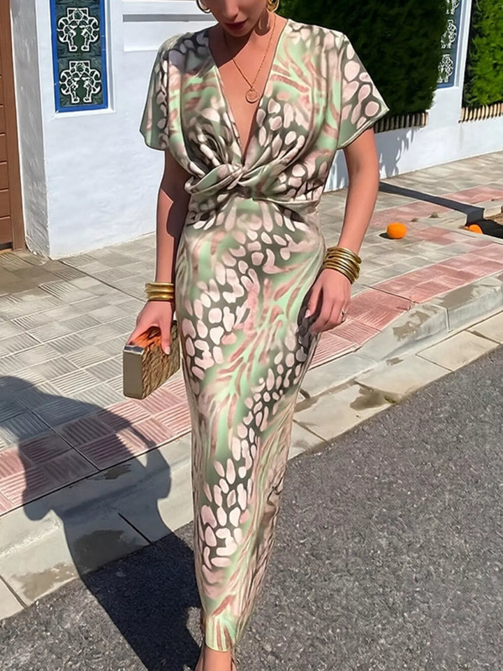 Twist-front animal print V-neck maxi dress