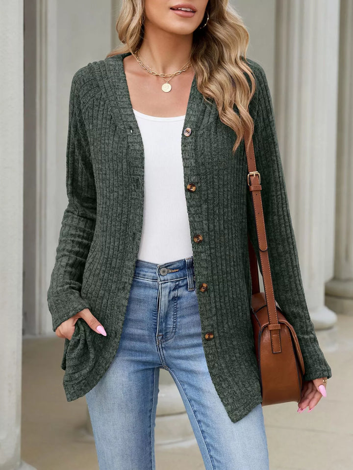 Ribbed knit hooded cardigan with tortoise buttons