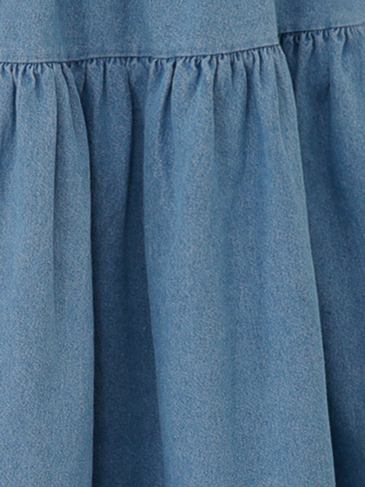 Tiered chambray denim midi skirt with elastic waist