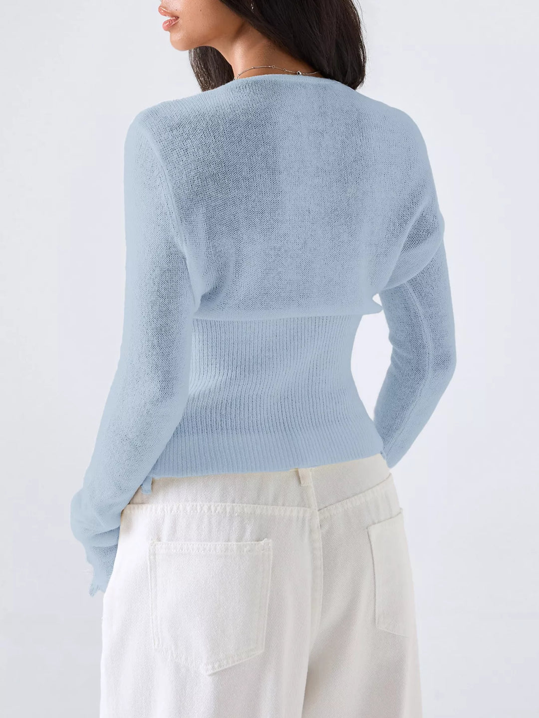 Lace-trim deep V-neck button-front cropped knit cardigan