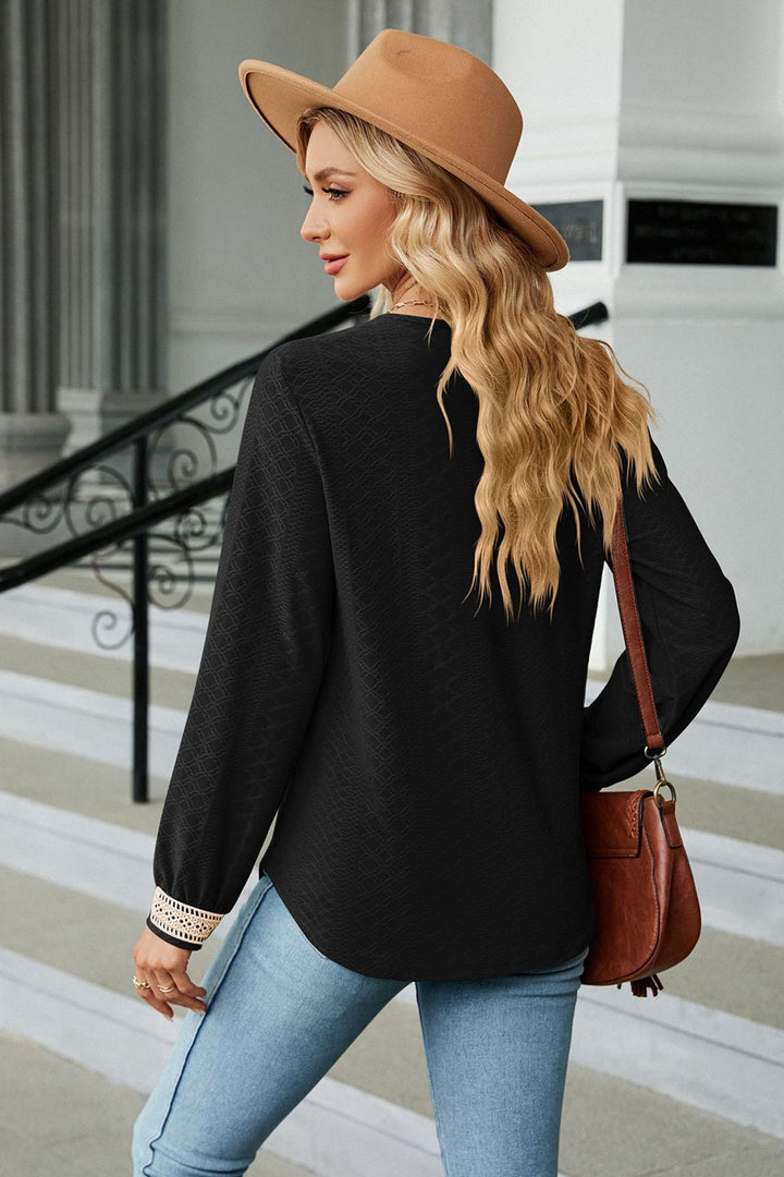 Textured crochet lace V-neck long sleeve blouse