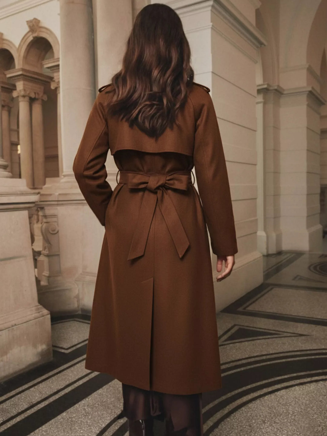 Double-breasted belted longline coat with notch lapel