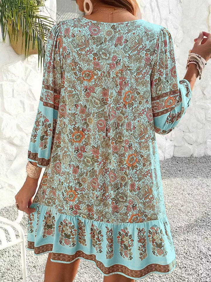 Boho floral v-neck mini dress with tassel tie and long sleeves