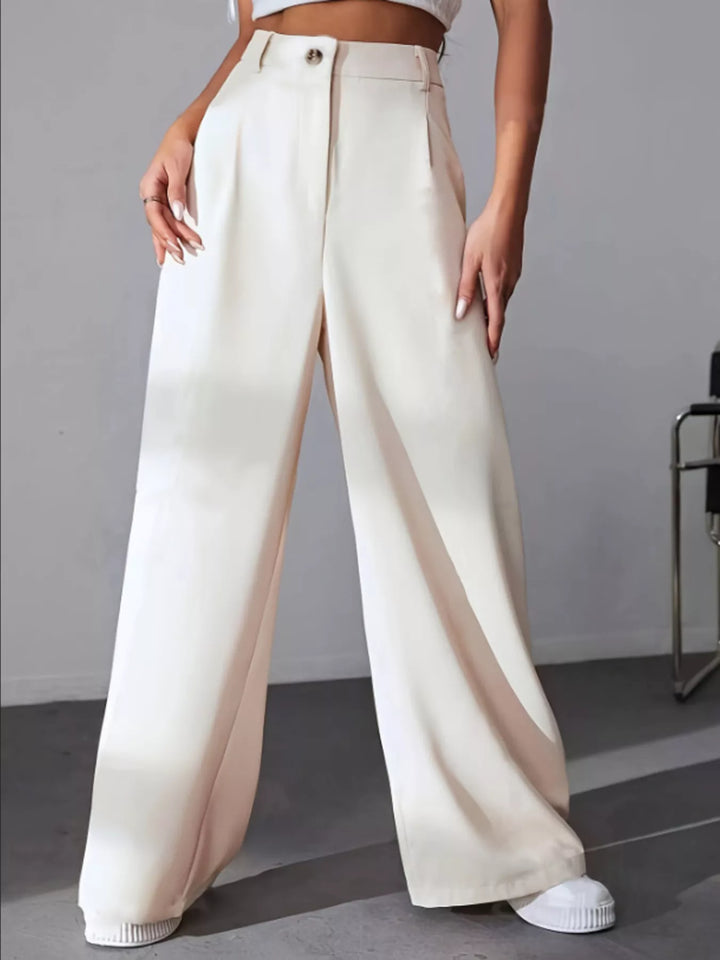 Apricot High-rise wide-leg pleated pants with button waist