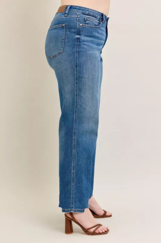 High-rise tummy control wide leg jeans with raw chewed hem