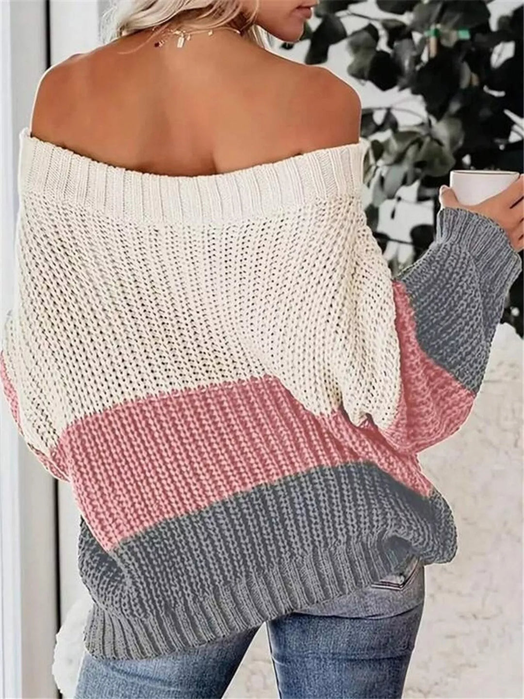 Off-shoulder color block waffle knit sweater