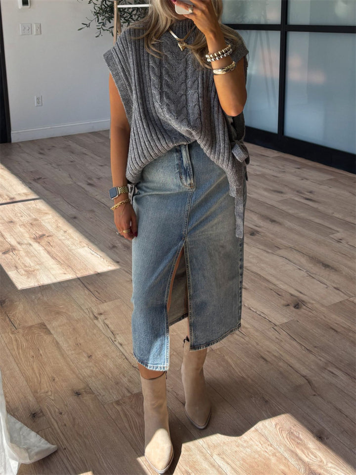 Chunky cable knit sweater vest with mock neck