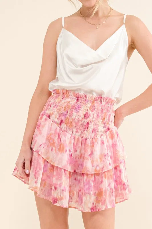 Lurex print tiered smocked waist mini skort