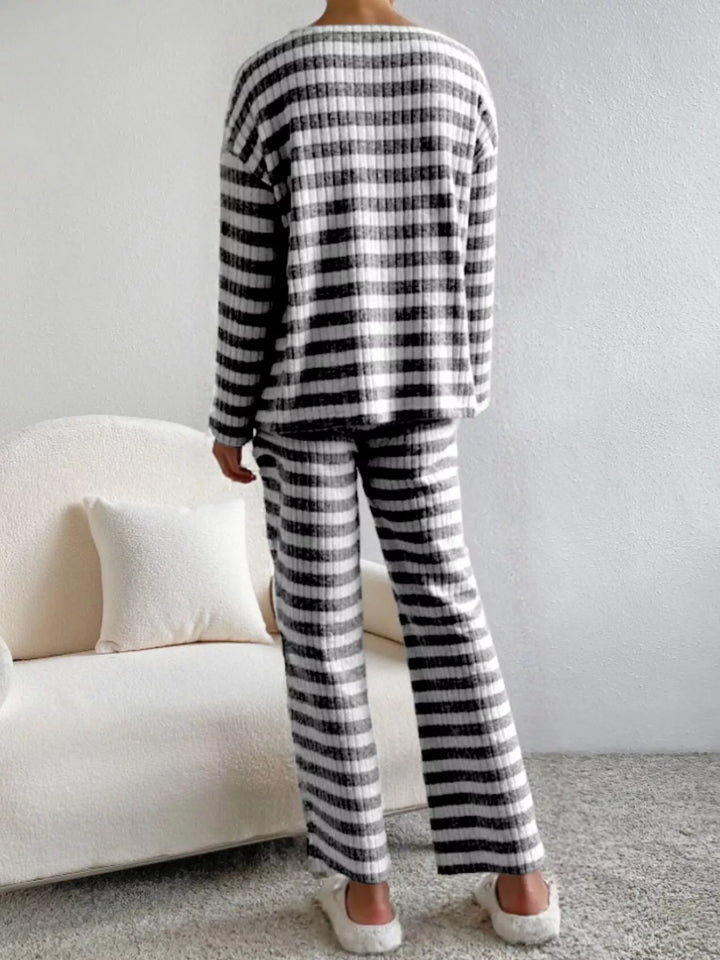Striped ribbed knit V-neck top and wide leg pants set