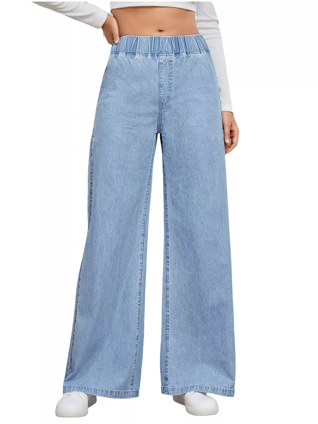 Light Blue High-rise wide-leg pull-on jeans with elastic waist