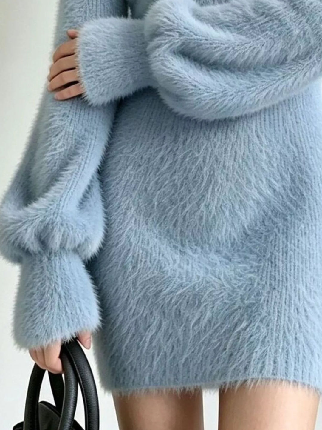 Fuzzy eyelash knit V-neck sweater mini dress