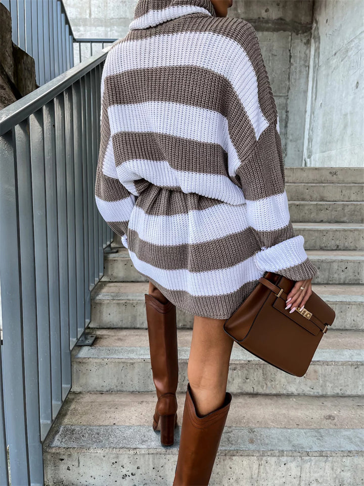 Striped turtleneck sweater dress with drop-shoulder sleeves