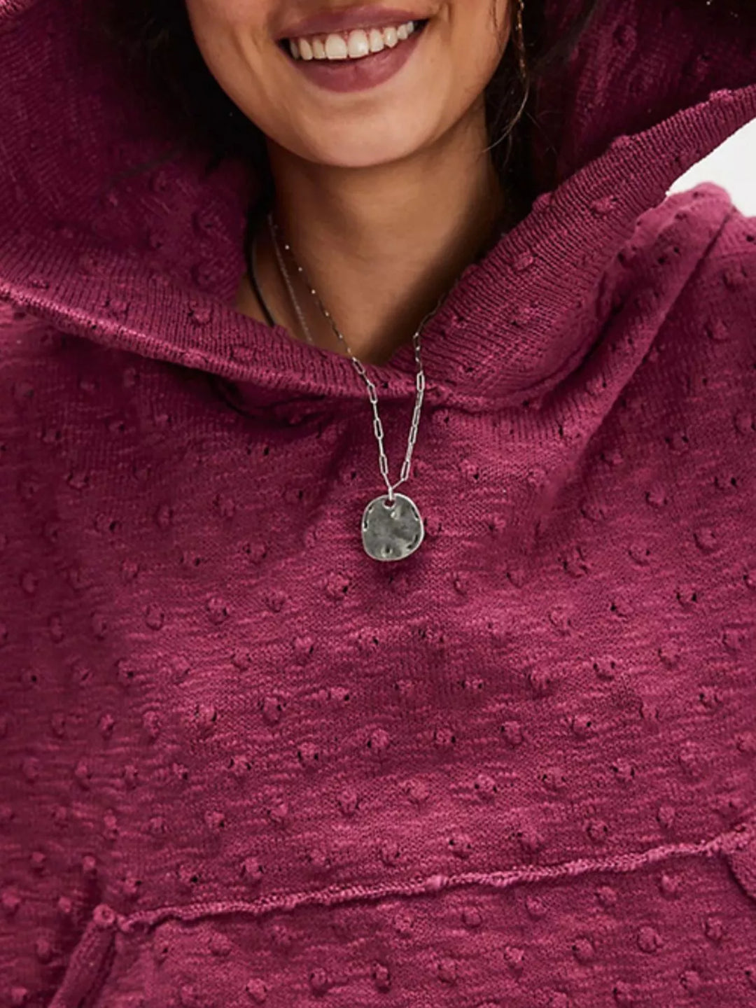 Textured dot knit hooded pullover with front pocket