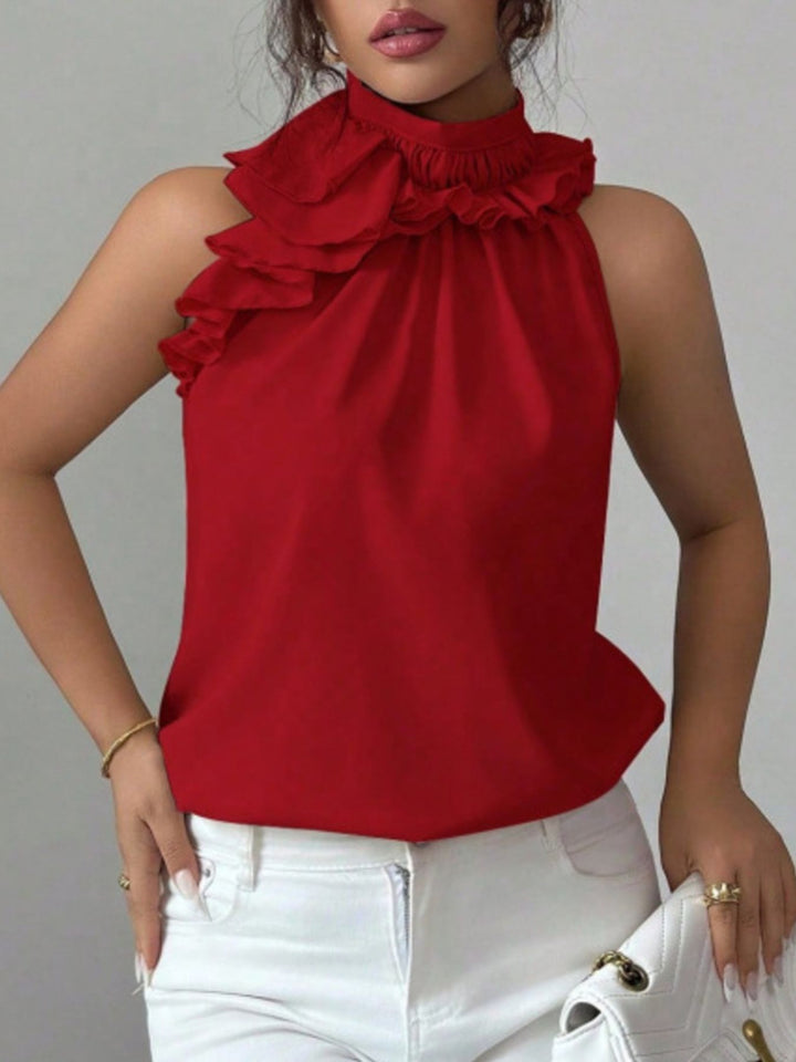 Flowy ruffle-trim high-neck sleeveless blouse
