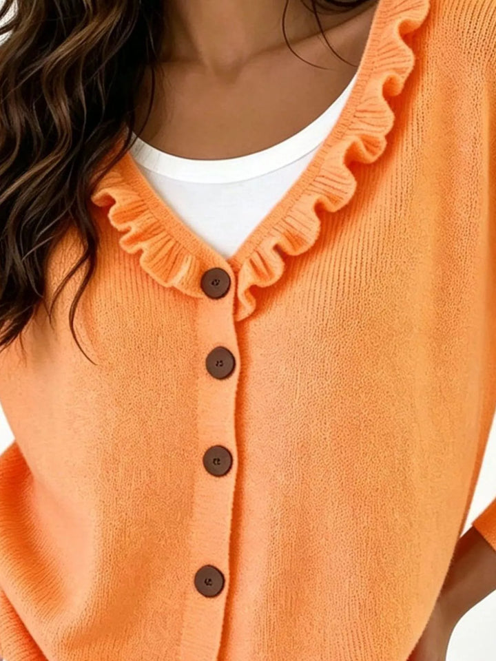 Ruffle-trim V-neck button-front knit cardigan