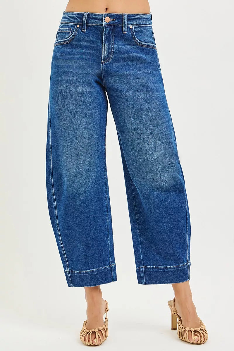 DARK Mid-rise cropped barrel jeans with whisker fading