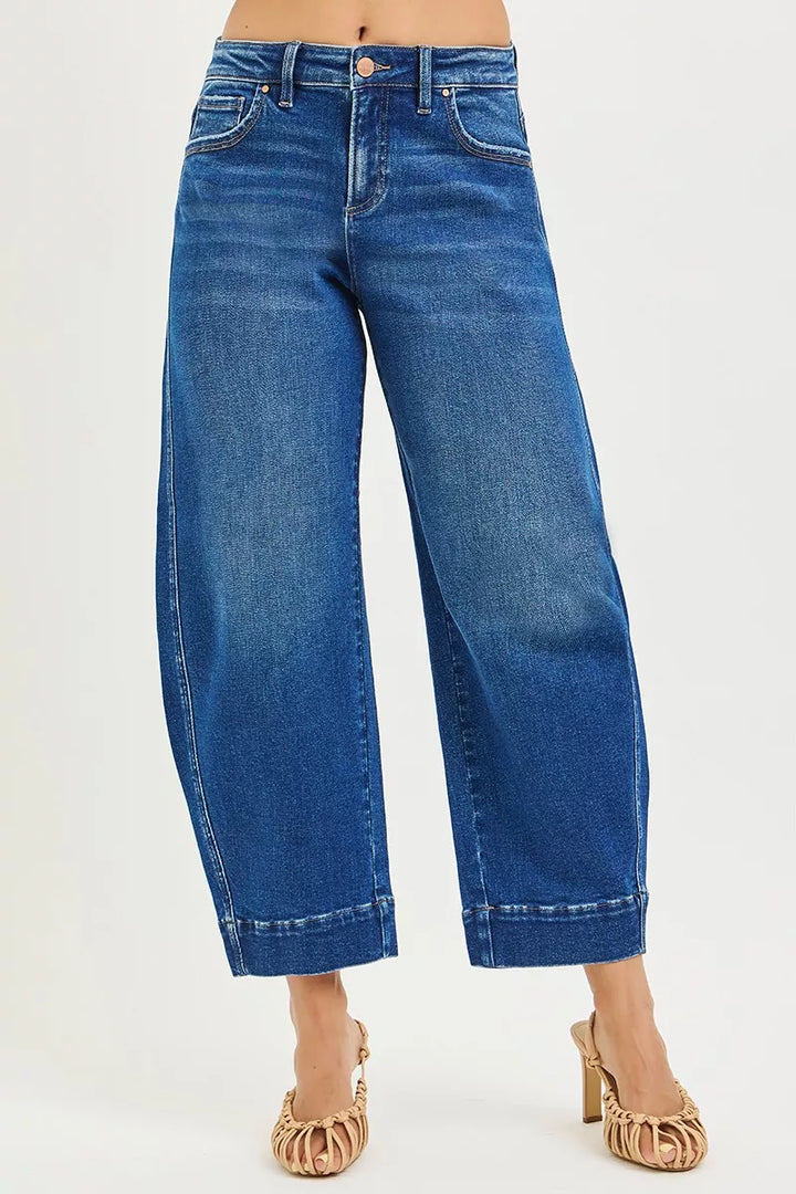 DARK Mid-rise cropped barrel jeans with whisker fading